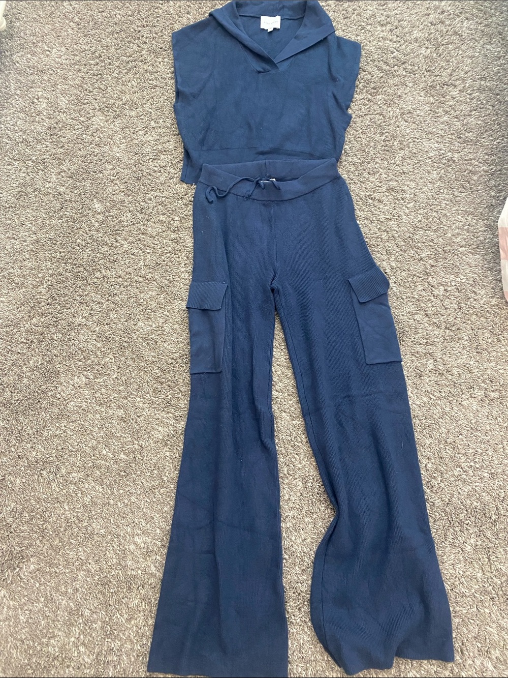 Pink Rose Sleeveless Hooded Wide-Leg Jumpsuit in Navy
